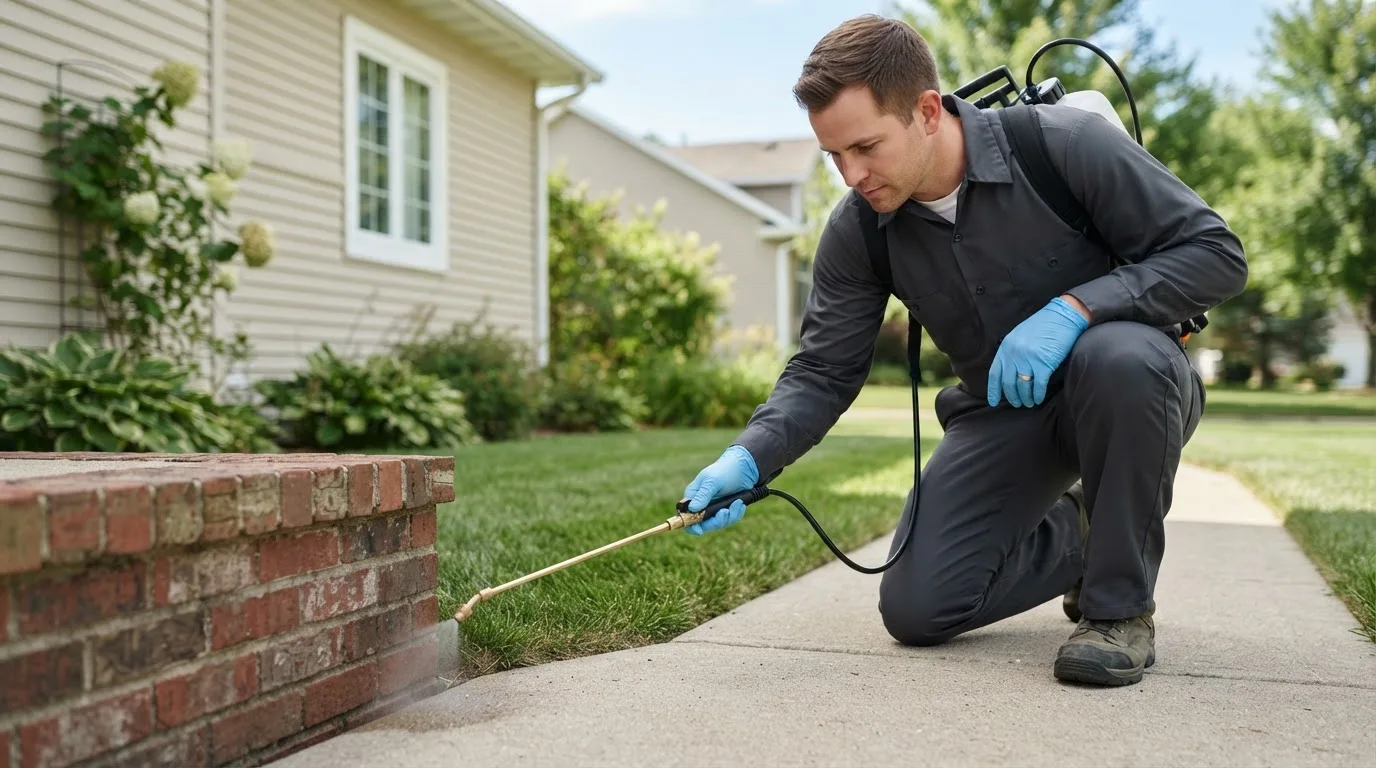Pest control technician treating a home near Elmont, NY
